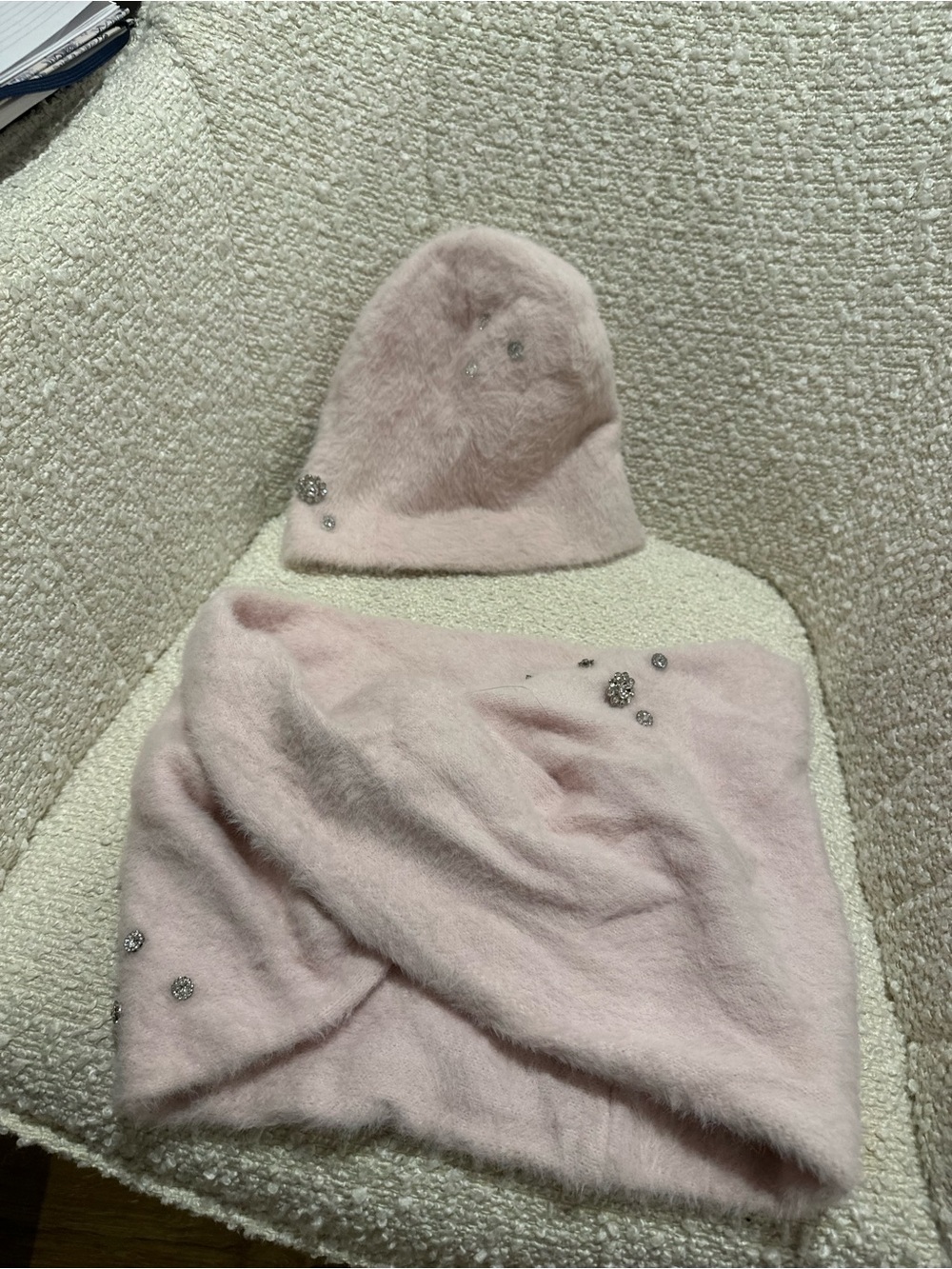 Karl Lagerfeld Soft Pink Knit Hat and Scarf Set with Crystal Accents